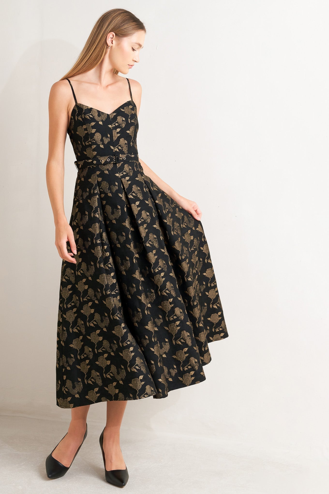 Garden Opera Jacquard Woven Midi Dress Cami Bodice Belt Flying Tomato